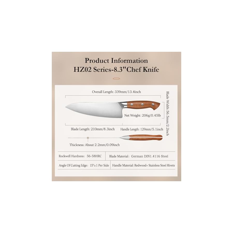 HEZHEN Pro Chefs Knives 8.3 Inch, High Carbon German 1.4116 Steel, Stainless Steel Rivets with Red Wood Handle, Razor Sharp, Super Edge, with Woodend Knife Sheath