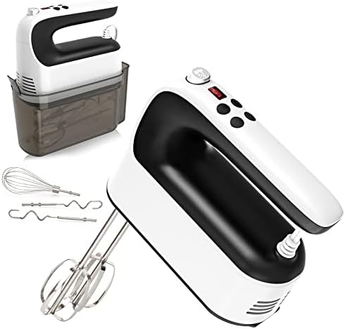 Yomelo 9-Speed Digital Hand Mixer Electric, 400W Powerful DC Motor, Baking Mixer Handheld with Snap-On Storage Case, Touch Button, Turbo Boost, 5 Stainless Steel Accessories, Flat Beaters, Dough Hooks, Whisk (White & Black)