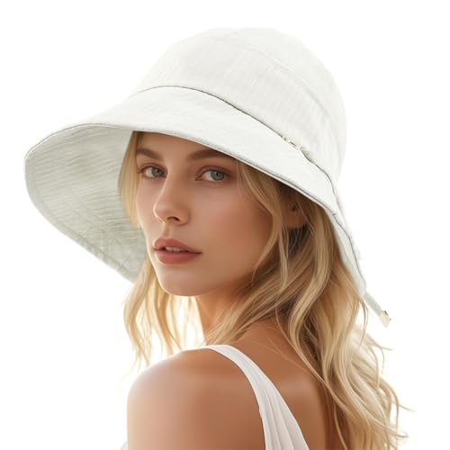 Image of SANNIDHI Sun Hats for Women Bucket Hat for Women, Wide Brim Summer UV Protection Beach Hat, Outdoor Casual Womens Hats with Chin Strap, Fashion Ladies