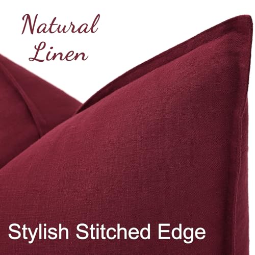 Image of decorUhome Decorative Linen Euro Sham Throw Pillow Covers 26x26 Inch Set of 2 Burgundy Pillow Covers with Flange Edges Soft Farmhouse Boho Accent Pillow Cases for Couch Bed Living Room