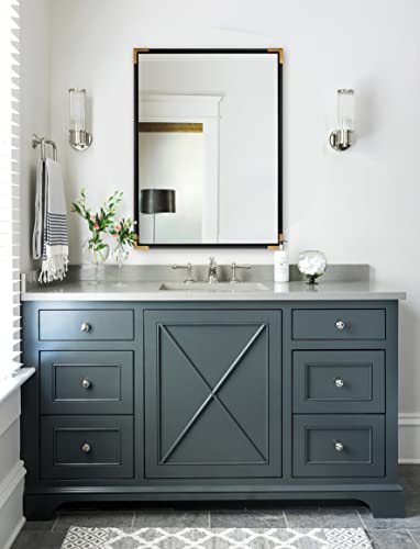 Andy Star Black Mirrors For Wall, New Zealand Pine Wood Framed Mirror, 22X30” Rectangle Bathroom Mirror With Gold Metal Corner, Black And Gold Mirror Modern Vanity Mirror Hangs Vertical Or Horizontal #TOP2