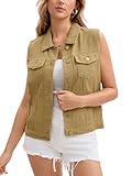CIMUK Women's Denim Vest Button Down Jacket W Chest Flap Pockets Washed Distressed Sleeveless Jean Jacket Large Khaki
