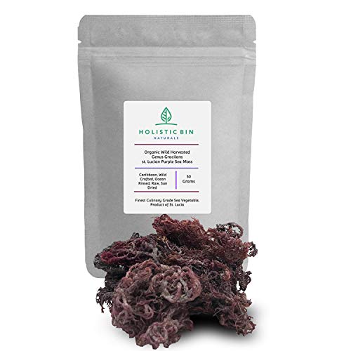 Purple Sea Moss by Holistic Bin | Organic & Wild Crafted in St. Lucia | Raw, Rinsed, and Sun Dried Irish Moss for Organic Sea Moss Gel, Smoothies, & Soups (50 grams)