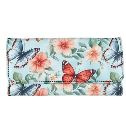 Image of AFPANQZ Womens Leather Wallets Red Butterfly Flower Large Capacity Card Holder Zipper Travel Purse, Phone Holder Coin Zip Pocket Multi Cards