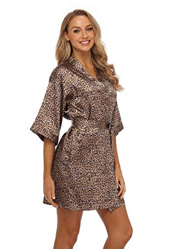 Vogue Bridal Women\'s Short Kimono Robe Patterned Silk Bathrobe Satin Sleepwear for Wedding Party Leopard