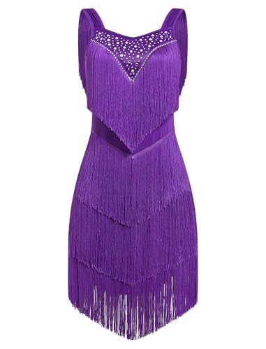 Fringe Rhinestone Latin Dance Costume for Women Roaring the 20s Flapper Gatsby Ballroom Dance Dress Adult Jazz Salsa Tassel Outfits Quinceanera Drag Queen Showgirl Dress Violet Small