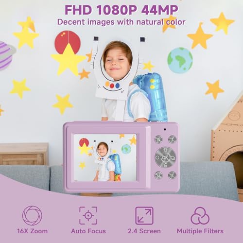 FHD 1080P Digital Camera for Kids with 16X Zoom, Face Detect, Smile Capture, Anti Shake, Compact Point and Shoot Camera for Teens Purple
