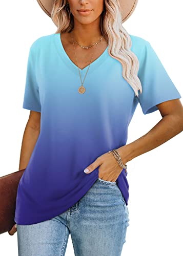 V Neck T Shirts For Women Loose Fit Graphic Summer Ladies Tops And Blouses Ombre Blue L #TOP6