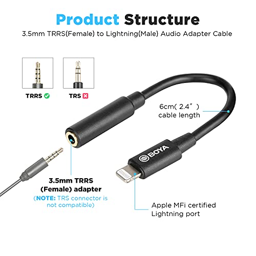 Boya JP-ZJX8-0252 By-K3 Female 3.5Mm Trrs Microphone Adapter Cable To Mfi Certified Lightning Connector Dongle thumb #1