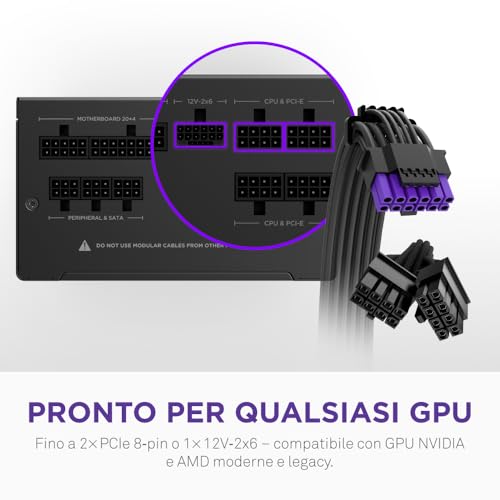C750 Gold Core – PSU ATX 3.1 750W – 80 PLUS Gold – Cybenetics Platinum – Completamente modulare – PCIe 5.1 300W 12V-2x6 – Ventola 0 RPM – Condensatori 105?°C – Nero - Alimentatore - Immagine 4