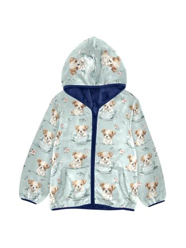 Teacup Puppy Dog Girls Fleece Jacket Girls Fall Jacket Boys Coats Zip Up Hoodie Children Sherpa Warm Outerwear 2-10T