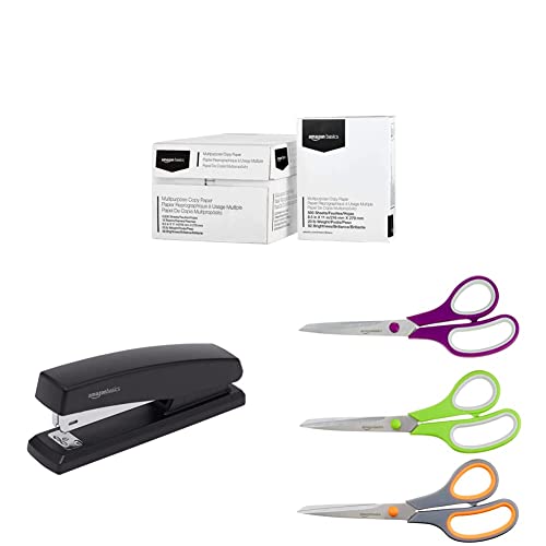 Amazon Basics Multipurpose Copy Printer Paper, 10 Ream Case & Stapler with 1250 Staples, Black & Stainless Steel Office Scissors - Pack of 3