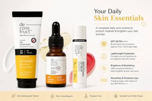 Image of Deconstruct Gel Sunscreen 50gm + Vitamin C 10ml + Brightning Lip Balm Trio