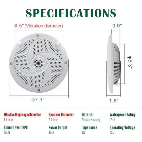 Image of LENKRAD 6.5 Inch RV Marine Speakers White - Waterproof Outdoor Boat Speakers | 120 Watt Power Indoor Stereo Sound Player with Low Profile Slim Style, 6 1 /2 inch Shallow Mount Camper Van -1 Pair