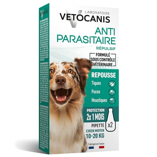 Vetocanis, Pipettes Anti Puces Chien, 2x1 Mois sans Tiques, Puces, Moustiques, Antiparasitaire Chien 10 à 20 kg, A base de Margosa, Répulsif Protection immédiate, 2...