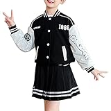 Hansber Mädchen Baseball Jacke College Sweatjacke + Faltenrock mit Streifen Frühling Herbst Schule Uniform 2 Pcs Kleidung Set Weiß 140-146