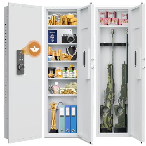 Omethey white wall safe recessed between studs with shelves — long body stores papers and a firearm