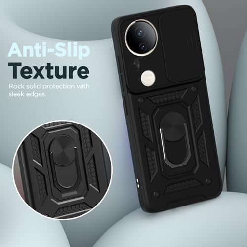 Image of Pikkme Back Cover for Vivo T4 Ultra 5G | D10 Tough Armor | 360 Protection Case | Sliding Camera Shield Cover & Ring Holder Stand Bumper Case (Black)