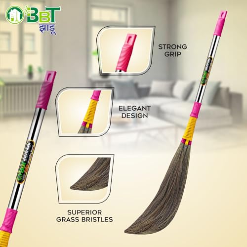Image of BBT Phool Jhadu for Home Cleaning Pack of 2 | Natural Grass Broom | Long Handle Floor Cleaning Jhadu | Strong, Durable & Dust Free Sweeping Broom for Household Use