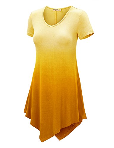 Lock and Love WT1051 Womens V Neck Short Sleeve Ombre Tunic Top L YELLOW