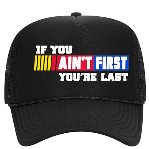 If You Ain't First You're Last Ricky Bobby Racing Shake N Bake Foam Trucker Mesh Snapback Curved Bill Hat Cap Black Printed