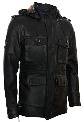 Men's Hooded Leather Multi-Pocket Duffle Trench Coat with Drawstring3