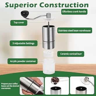 Manual Coffee Grinder With Ceramics Burr for Espresso,French Press,5 Adjustable Settings,Hand Coffee Grinder,For Home Use and Camping Travel,Coffee Bean Grinders With Hand Crank (Silvery)