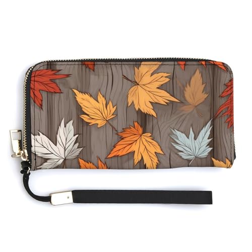 Maple Leaves on Rustic Wooden Board Autumn Leather Wallet Fashion Bifold Purse Long Pouch with Wrist Strap for Men Women