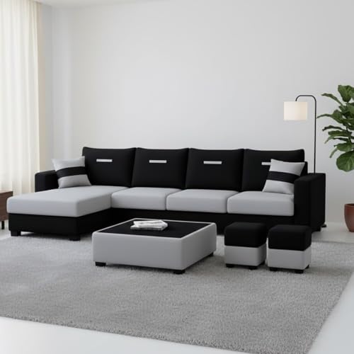 Image of CASASTYLE Driama 8 Seater Fabric LHS L Shape Sofa Set with 1 Centre Table & 2 Puffy (Light Grey-Black) | Velvet Finish | Comfortable Sectional Sofa for Living Room
