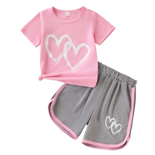 Image of Kids Girl Clothes Tie Dye Heart Print Short Sleeve Top and Shorts Toddler Girl Summer Outfits Short Set