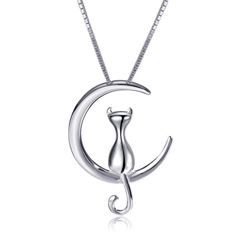 S.Leaf Sterling Silver Cat Moon Necklace Cat Lady Jewelry Lover Gifts Pendant...