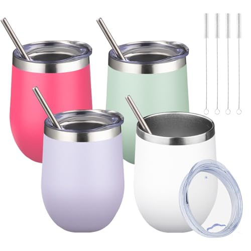 Image of 12oz/4 Pack Wine Tumbler Glasses with Lid Stemless Double Wall Vacuum Stainless Steel Travel Tumbler Keeping Cold & Hot for Wine,Coffee,Cocktails,Christmas Drinks-Family and Gifts(Multi color-9)