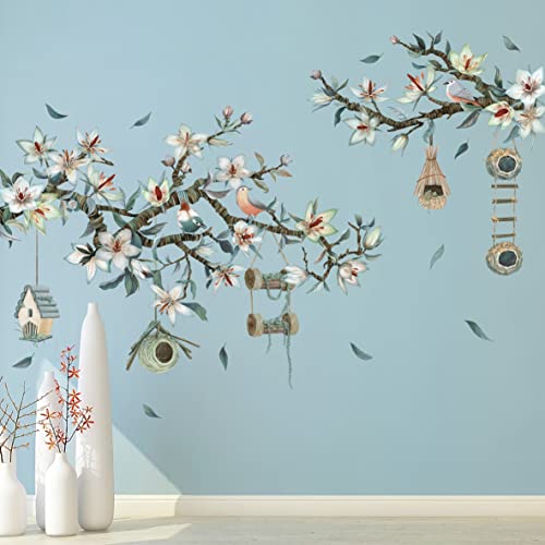 Calcomanías de pared de ramas de magnolia en 3D, para casa de pájaros, ramas de árbol, calcomanías de pared, bricolaje, magnolias frescas, plantas, flores, pájaros, estilo rural, decoración de pared