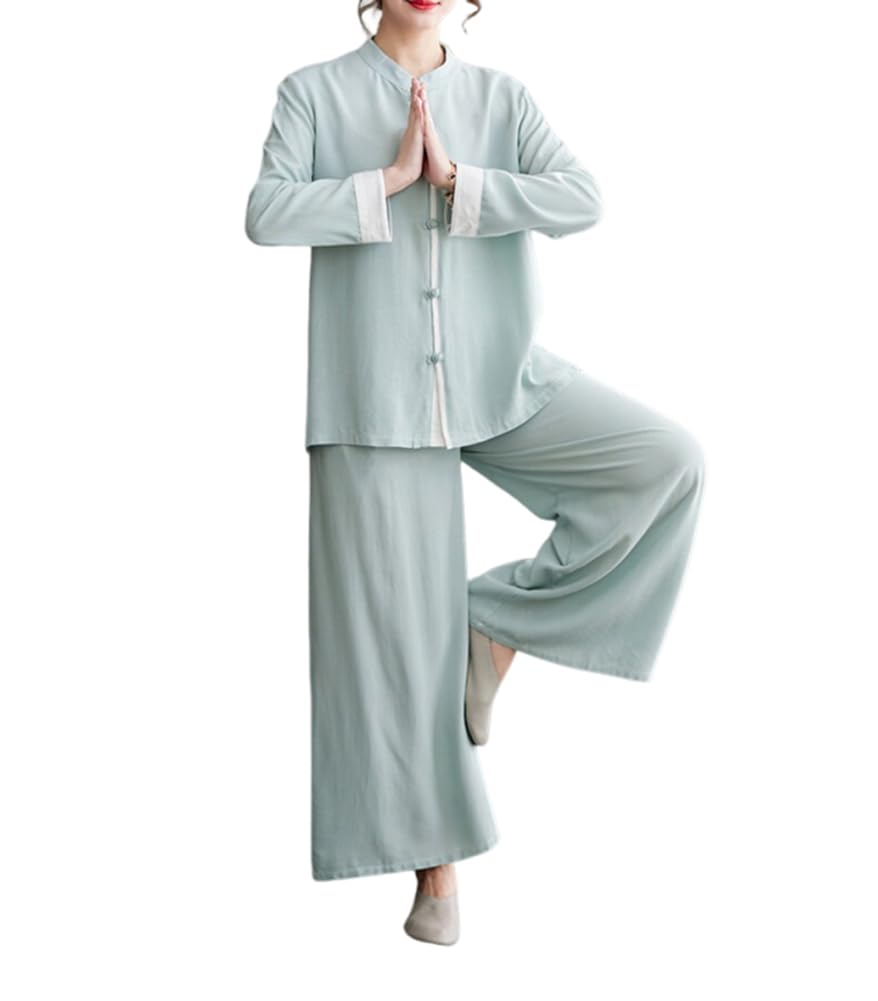 Tai Chi Zweiteiliges Damen-Set aus Baumwollleinen, lässiger Anzug, locker, leichter chinesischer Knoten, Knöpfe, Oberteil, weites Bein