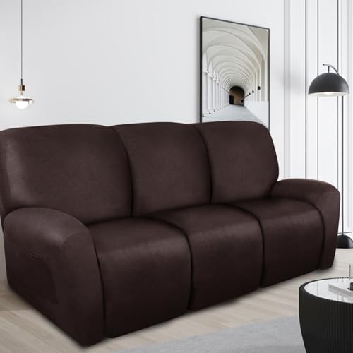 Image of ANARACHON Recliner Couch Cover Leather Look Recliner Sofa Covers for 3 Cushion Reclining Sofa Slipcovers 8-Pieces Furniture Protector Spandex Fabric Washable (3 Seater, 01 Chocolate)