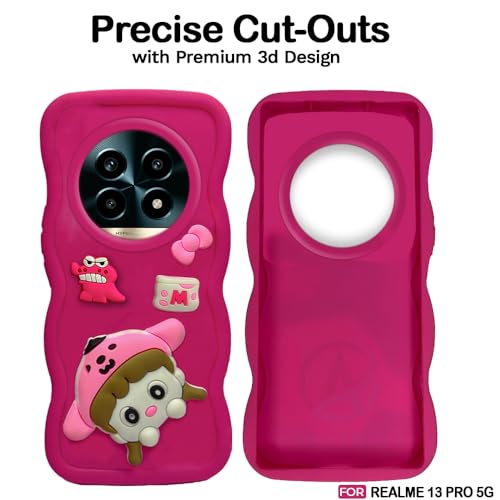 Image of AESTMO Back Case Cover for Realme 13 Pro 5G / Pro Plus | 3D Cute Fun Cartoon Characters | Anti Slip Grip Cute Wave Curly Frame Shape | Back Cover for Realme 13 Pro 5G / Pro Plus |(Pink)