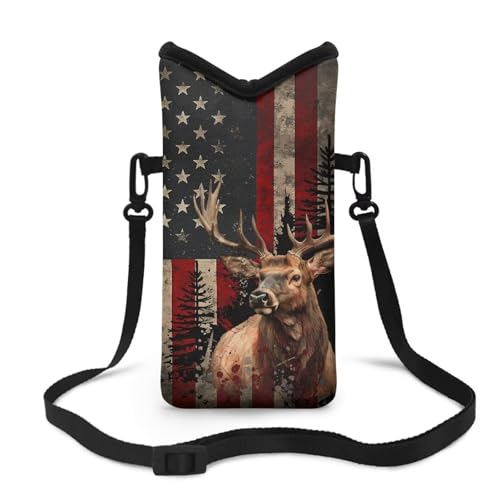 Suobstales Deer Forest American Flag Print Neoprene Phone Sleeve for Women Men, Lightweight Cell Phone Pouch Case Bag with Crossbody Strap/Neck Lanyard for iPhone Samsung, 8 X 4 inch