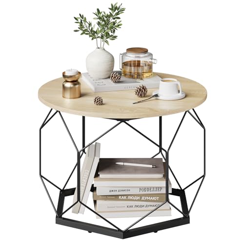 WOLTU Mesita de Cafe, Mesa Auxiliar Redonda, Mesa de Centro Estructura de Metal, Mesita para Salon, Balcon, Sofa y Cama, Roble Claro+Negro, BTS27hei