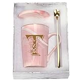 WENSSY Pink 14 Ounce Letter T with Flower Personalized Initial Mugs, Novelty Coffee Mugs for Women, Bridal Shower Gifts, Women's Initials Gifts, Dishwasher Safe, Real Gold Print, Durable