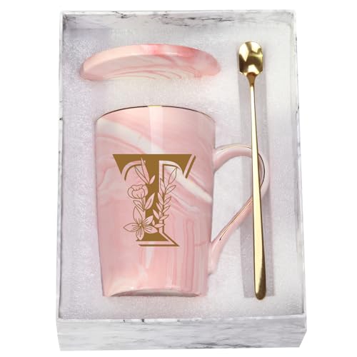 WENSSY Pink 14 Ounce Letter T with Flower Personalized Initial Mugs, Novelty Coffee Mugs for Women, Bridal Shower Gifts, Women's Initials Gifts, Dishwasher Safe, Real Gold Print, Durable