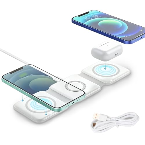 Cargador Inalámbrico 3 en 1 Blanco 15W con Base Plegable, Estación de Carga Rápida Magnética para Teléfonos Móviles, Relojes y Auriculares, Compatible con iPhone 17 16 15 14 13 12 Pro Max Plus SE, Wat