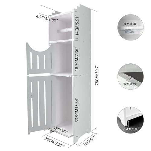 Vaphayva Small Bathroom Storage Cabinet with Toilet Paper Holder Stand, White Slim Bathroom Cabinet with Crystal Door Handle for Narrow Spaces,Bedroom,Living Room Organizer, 30.7\'\'H