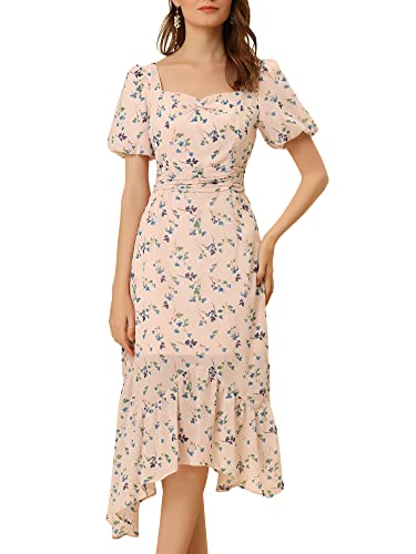 Allegra K Women's Floral Dress Sweetheart Neck Asymmetric Hem Puff Sleeve Chiffon Midi Dresses X-Small Pink #TOP27