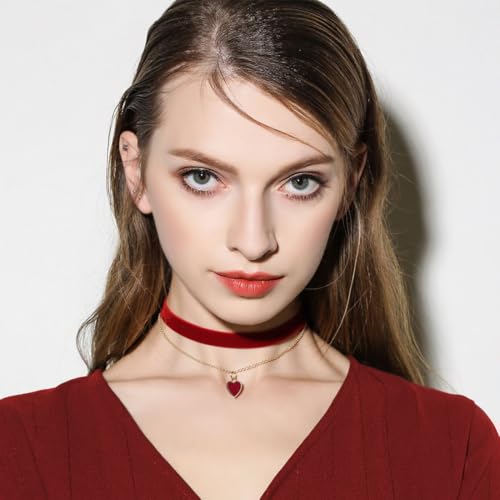 Montrestar 2 Stück Choker Kette Damen Schwarz Rot, Herz Halsband Velvet Verstellbare, Samt Chocker Kette Halskette Schmuck für Damen Mädchen Party Cosplay Halloween Deko und Geschenke
