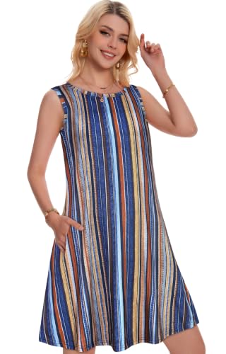 Image of elescat Summer Dresses for Women Boho Sleeveless Pocket Tshirt Sundresses