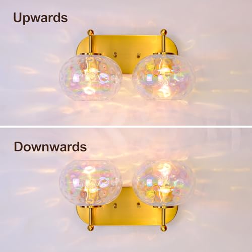 Image of Brushed Gold Vanity Light Stained Hammered Glass Wall Sconce 2-Light Brass Wall Lamp for Hallway Living Room Stairwell Bathroom Over Mirror (Brass Gold, 2-Light)