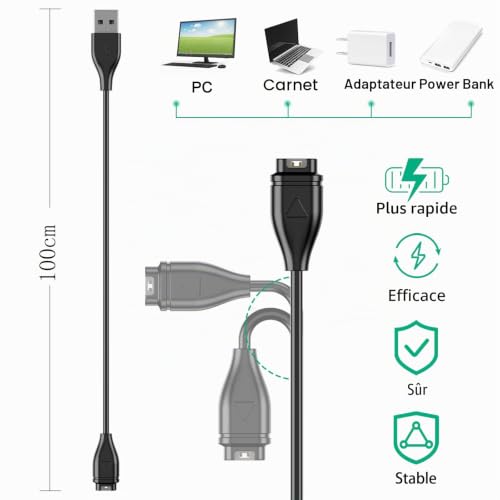 50cm Chargeur Cable Compatible pour Gar min Watch Forerunner 55 255 245 265 935 945 955 965, Fenix 8 6 6S 6X Pro 7 7S 7X 5 5S 5X, Venu 2 3 2s 3s, Vivoactive 3 4 4S, Vivomove 3 3S, Vivosport, Instinct – vue 3