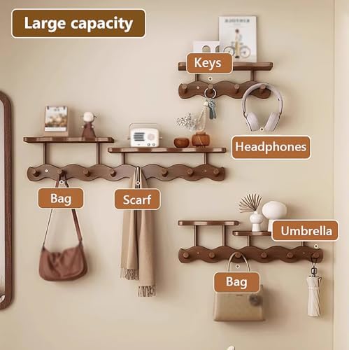 Walnut Wall-Mounted Coat Rack with Shelf - Solid Wood Hook for Hats, Clothes, Towels & Bags - Stylish Wave Design, 4 Durable Hooks for Entryway Organization