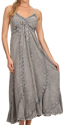 Image of Sakkas Allie Stonewashed Embroidered Adjustable Spaghetti Straps Long Dress