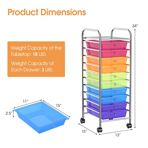 Giantex 10 Drawer Rolling Storage Cart Tools Scrapbook Paper Office School Organizer, Multi-Color #TOP6